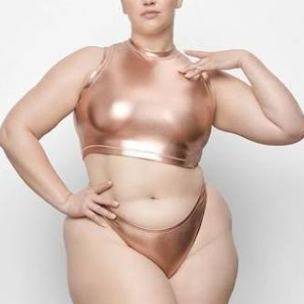 SKIMS Metallic Swim Dipped Mid Waist Bottoms in Champagne NWT